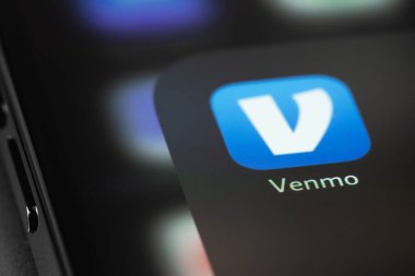 Venmo mobile icon app on screen smartphone iPhone macro. Venmo is a mobile payment service owned by PayPal. Moscow, Russia - July 28, 2021