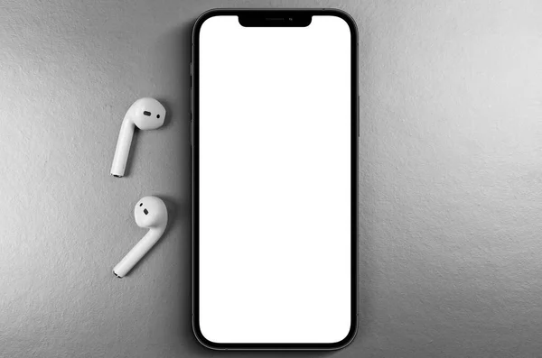 Mockup Smartphone Iphone Pro Max Blank White Screen Airpods Top — Stockfoto