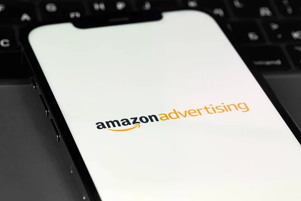 Amazon advertising logo on screen smartphone iPhone. Amazon is one of the biggest marketplaces. Moscow, Russia - June 16, 2021