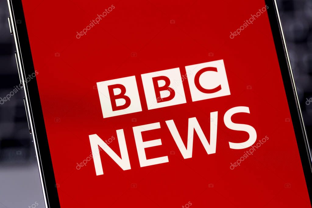 BBC News mobile logo app on screen smartphone iPhone macro. BBC News is an operational business division of the British Broadcasting Corporation. Moscow, Russia - July 20, 2021