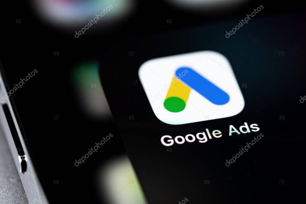 Google Ads (AdWords) icon mobile app on screen smartphone iPhone macro closeup. Google services. Google Ads is a contextual service, mainly search advertising from Google. Moscow, Russia -  July 22, 2021