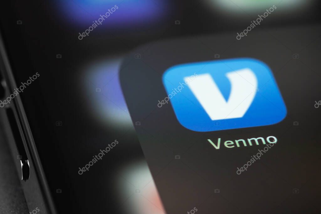 Venmo mobile icon app on screen smartphone iPhone macro. Venmo is a mobile payment service owned by PayPal. Moscow, Russia - July 28, 2021