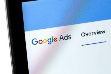 Google Ads start page on display notebook closeup macro. Ads is a service of contextual, basically, search advertising from Google. Moscow, Russia - October 17, 2021