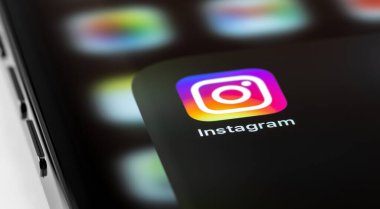 Instagram mobile icon app on screen smartphone iPhone closeup macro. Instagram is a photo-sharing app for smartphones. Moscow, Russia - September 22, 2021