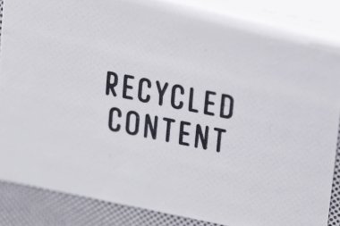 Recycled Content sticker on box closeup, macro