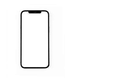mockup smartphone iPhone left side view with white screen, empty display on white background. Apple is a multinational technology company. Moscow, Russia - November 14, 2021