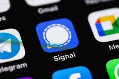 Signal mobile icon app on screen smartphone iPhone closeup. Signal is a free and open source client application for instant messaging and Internet telephony. Moscow, Russia - August 10, 2021