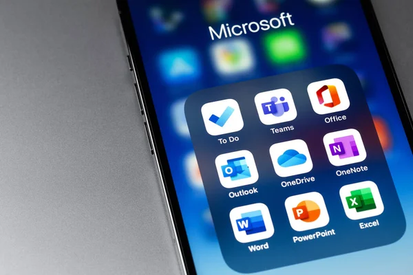 Microsoft services - To Do, Teams, Office, Outlook and other mobile apps on screen smartphone iPhone closeup. Microsoft Corporation is an American multinational technology company. Moscow, Russia - August 15, 2021