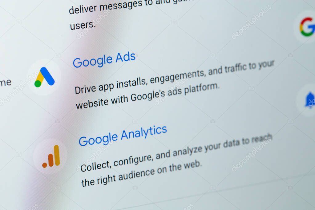 Google Ads, Analytics website on display notebook closeup macro. Ads is a service of contextual, basically, search advertising from Google. Moscow, Russia - October 17, 2021
