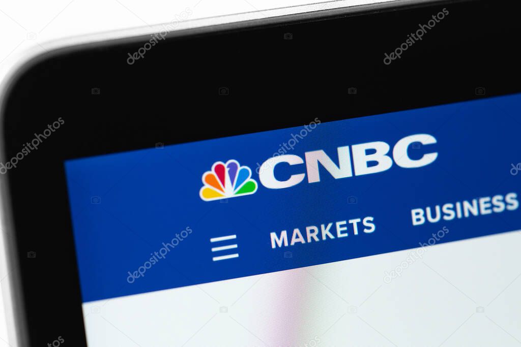 CNBC logo website on display notebook closeup. CNBC is an American pay television business news channel owned by NBCUniversal News Group. Moscow, Russia - October 11, 2021