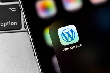 WordPress icon mobile app on screen smartphone iPhone. WordPress - open source site content management system. Moscow, Russia - January 17, 202