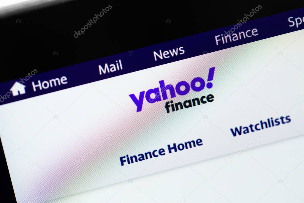Yahoo Finance website on display notebook closeup. Yahoo is tech company, leader in search engine service and information technology web portals. Moscow, Russia - October 11, 2021