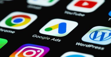 Google Ads mobile icon app on the screen smartphone iPhone, interface macro. Ads is a service of contextual, basically, search advertising from Google. Batumi, Georgia - May 7, 2022