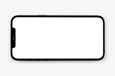 mockup horizontal smartphone iPhone with blank white empty screen at an angle closeup on the white background. Apple is a multinational technology company. Batumi, Georgia - May 6, 2022