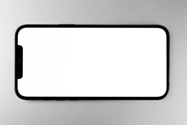 Макет Смартфона Iphone Горизонтальный Белым Экраном Пустой Дисплей Сером Фоне — стоковое фото