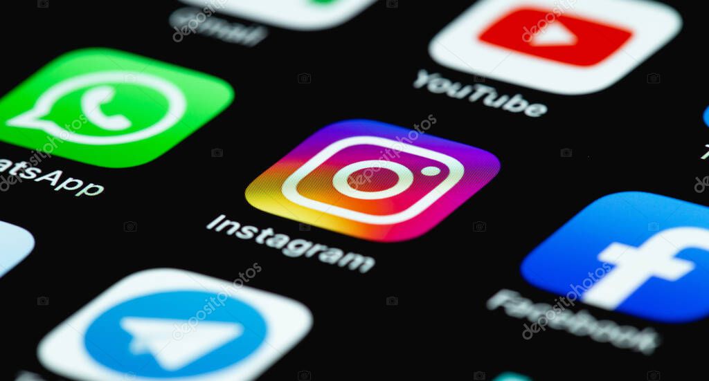Showing popular social media mobile apps icons of Instagram, WhatsApp, Youtube, Facebook, Telegram on screen smartphone, interface iPhone. Batumi, Georgia - May 7, 2022