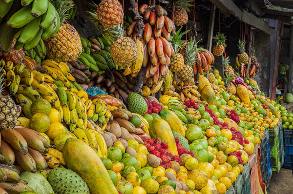 Shelf of many fresh fruits, fresh fruit stall, concept of fruits and healthy food, sale of various fruits