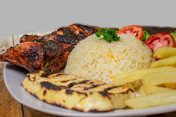 Pork Rib Rice Fried Cheese Tomato Salad Nicaraguan Food Served — Stock Photo, Image