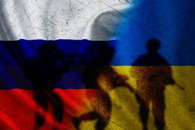 Rusya, Ukrayna bayrağına karşı çatlak duvarda, r arasındaki savaş kavramı.