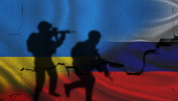 Russia vs Ukraine flag on cracked wall, concept of war between russia and ukraine, silhouette of soldiers on russia vs ukraine flag