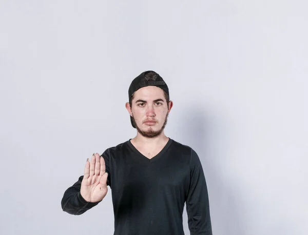 Seriöser Junger Mann Stoppschild Mit Handfläche Kaukasischer Mann Stoppschild Mit — Stockfoto