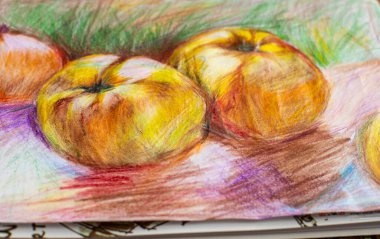 Çizim defteri ve çizimler. Yakında okula gideceğim.