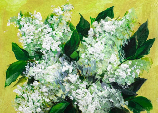 油画或丙烯酸油画 植物静谧的生命 米色背景的白色丁香花 印象派花卉绘画 — 图库照片