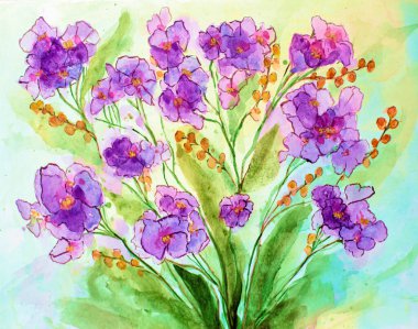 Suluboya çiçek resmi. Çiçek arkaplan. Çiçekli suluboya arka plan. Tebrik kartı. Düğün davetiyesi şablonu. Çiçek kartı. Bahar çiçekleri.