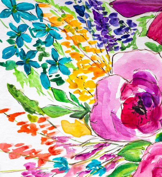 Akvarell Blomma Målning Akvarell Blommig Bakgrund Kort Mall För Bröllopsinbjudan — Stockfoto