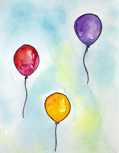 Zestaw Kolorowych Balonów Akwarela Ilustracji Ilustracja Kreskówki Projektowanie Pocztówek — Zdjęcie stockowe