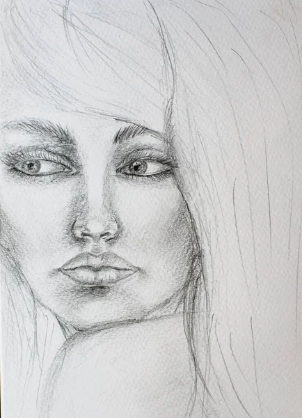 Portrait Une Belle Jeune Fille Fait Crayon Sur Papier Aquarelle — Photo