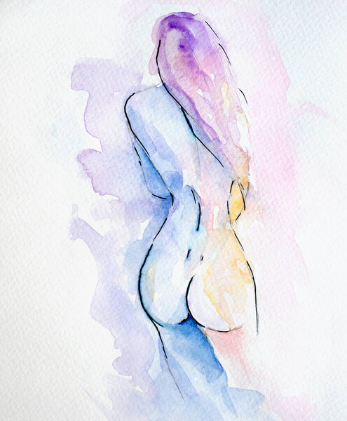 Beautiful Nude Girl Silhouette Hand Painted Watercolor Paper Erotic Watercolor Stock Image
