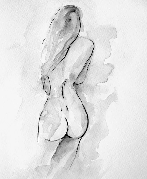 Smuk Nøgen Pige Silhuet Håndmalet Akvarel Papir Erotisk Akvarel Illustration Stock-billede