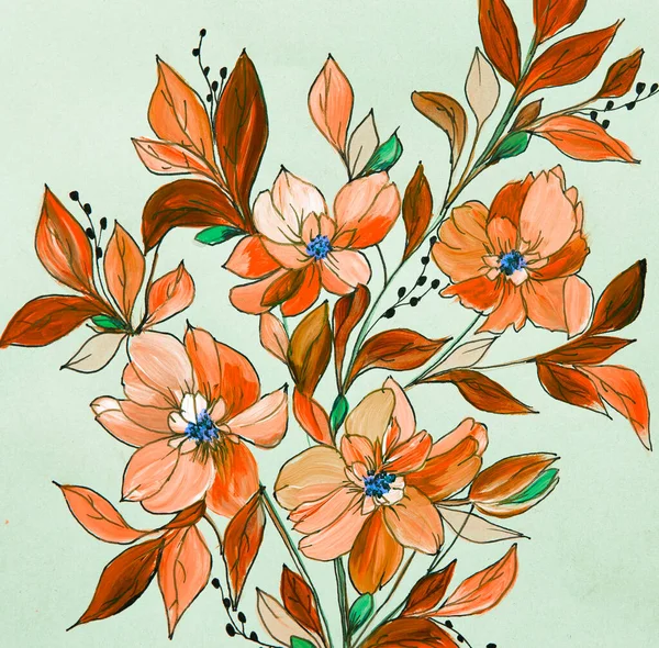 Kreslení Květin Zeleném Pozadí Olejomalba Akryl — Stock fotografie