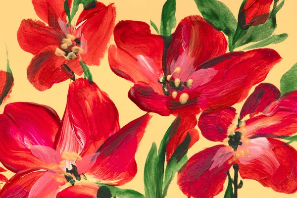 Parlak bir arkaplanda çiçekler çiziyor. Yağlı boya, akrilik boya