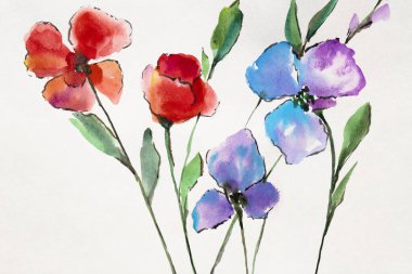 Suluboya çiçek illüstrasyonu. Hassas çiçek deseni. Sanatsal arka plan. Kartpostal Çiçek kartı. Bahar çiçekleri
