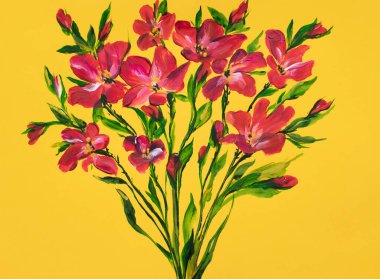 drawing flowers on a green background. Oil painting, Acrylic