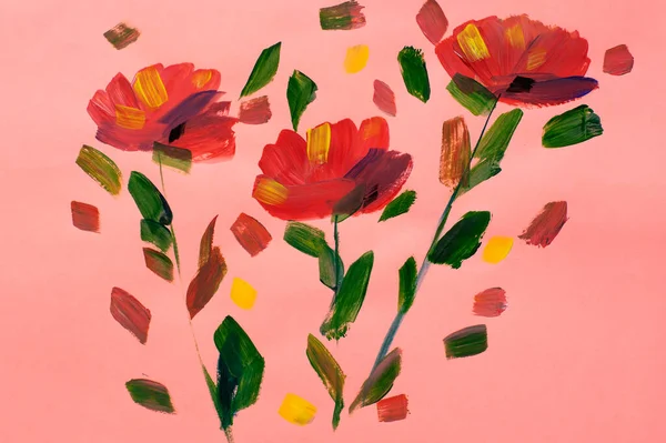 Menggambar Bunga Latar Belakang Hijau Lukisan Minyak Akrilik Stok Foto