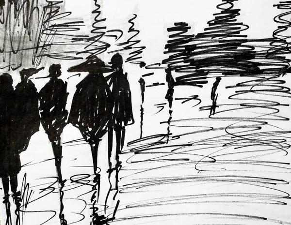 painting abstract city and silhouettes of people. Black-white drawing of silhouettes of people on the street, picturesque. Colorful interior painting. Drawing and painting lessons