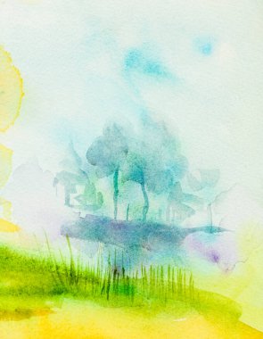 suluboya rengarenk manzara. Dağlar, ağaçlar, gökyüzü.