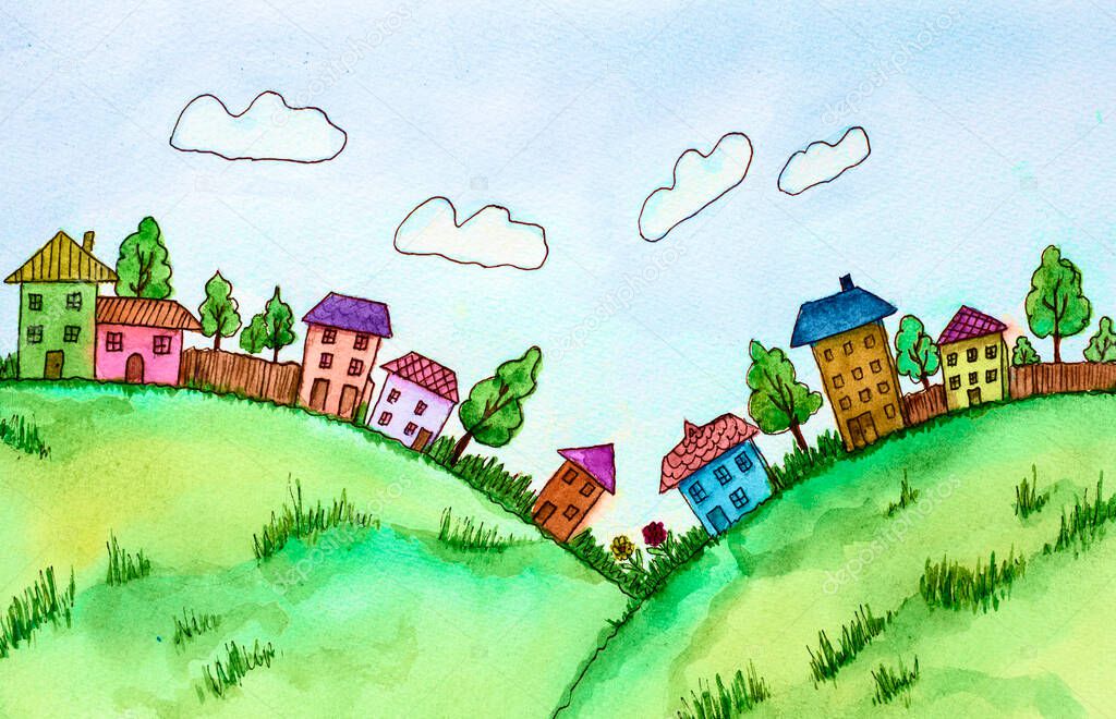 watercolor painting. bright fairy-tale town and colorful houses. Card. Children's illustration