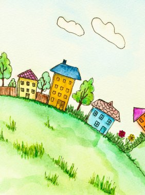 Suluboya resim. Parlak peri masalı kasabası ve renkli evler. Kart. Çocuk çizimi