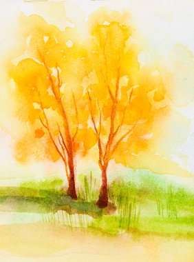 watercolor gentle colorful landscape .Mountains, trees, sky