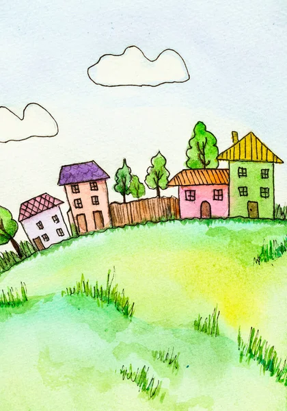 stock image watercolor painting. bright fairy-tale town and colorful houses. Card. Children's illustration