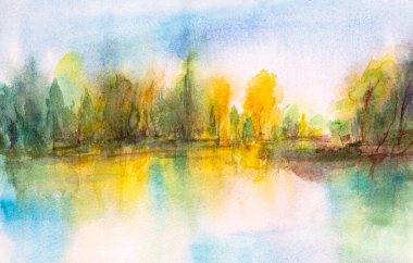 delicate colorful landscape. Watercolor, gouache. Freehand drawing. Trees by the water. Beautiful sunrise or sunny day. Delicate background for invitation cards. Card