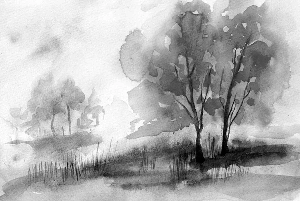 Нежный Красочный Пейзаж Акварель Гуашь Свободный Рисунок Деревья Воды Прекрасный — стоковое фото