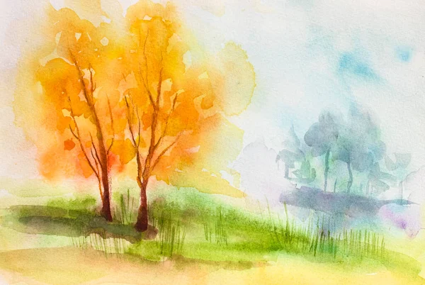 Delicate Colorful Landscape Watercolor Gouache Freehand Drawing Trees Water Beautiful — Stockfoto