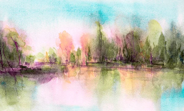Delicate Colorful Landscape Watercolor Gouache Freehand Drawing Trees Water Beautiful — Fotografia de Stock