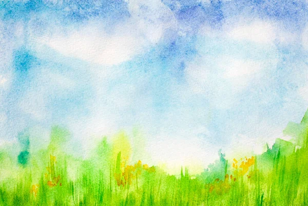 Green Grassy Meadow Cloudy Blue Sky Watercolor Illustration Hand Painted Stock Photo