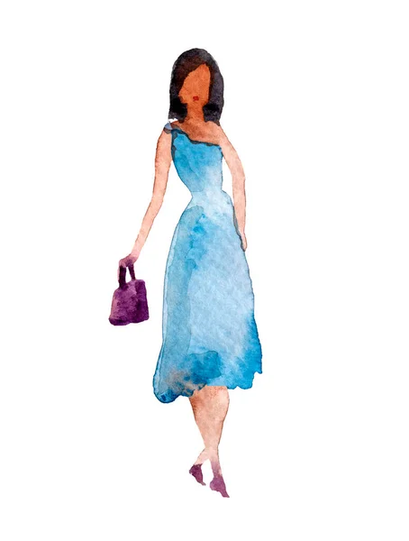 watercolor silhouette of a cute girl in a blue dress. Hand painting. Fashion and beauty illustration. Sketch.Isolated on white background